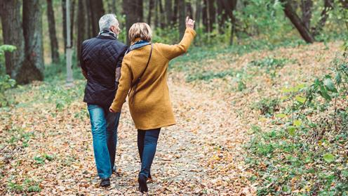 Äldre par som promenerar i höstskogen